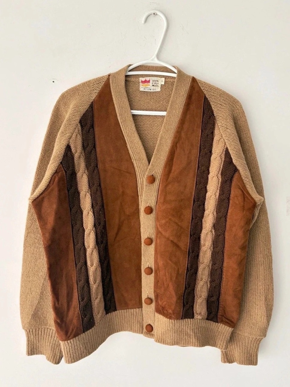 Vintage 60s Grant Crest Mens Knit Wool Suede Cardigan Sweater Size L